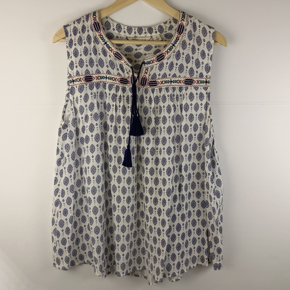 Caffe Marrakesh Boho Sleeveless Top XL Tassel Embroidered Blue White
